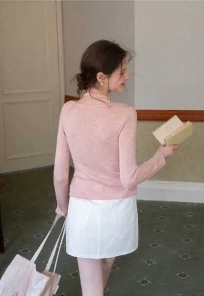 V Neck Knit Sweater with Floral Button Detail