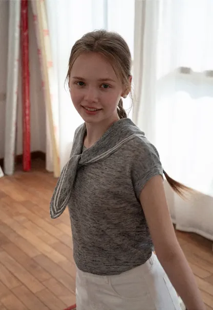 Short Sleeve Knit Sweater with Neck Tie Detail