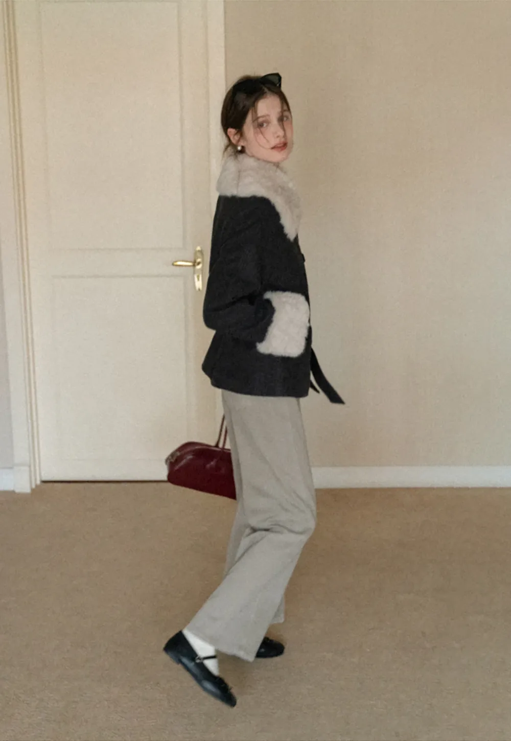 Wool Coat with Fur Collar and Cuff Belted Design