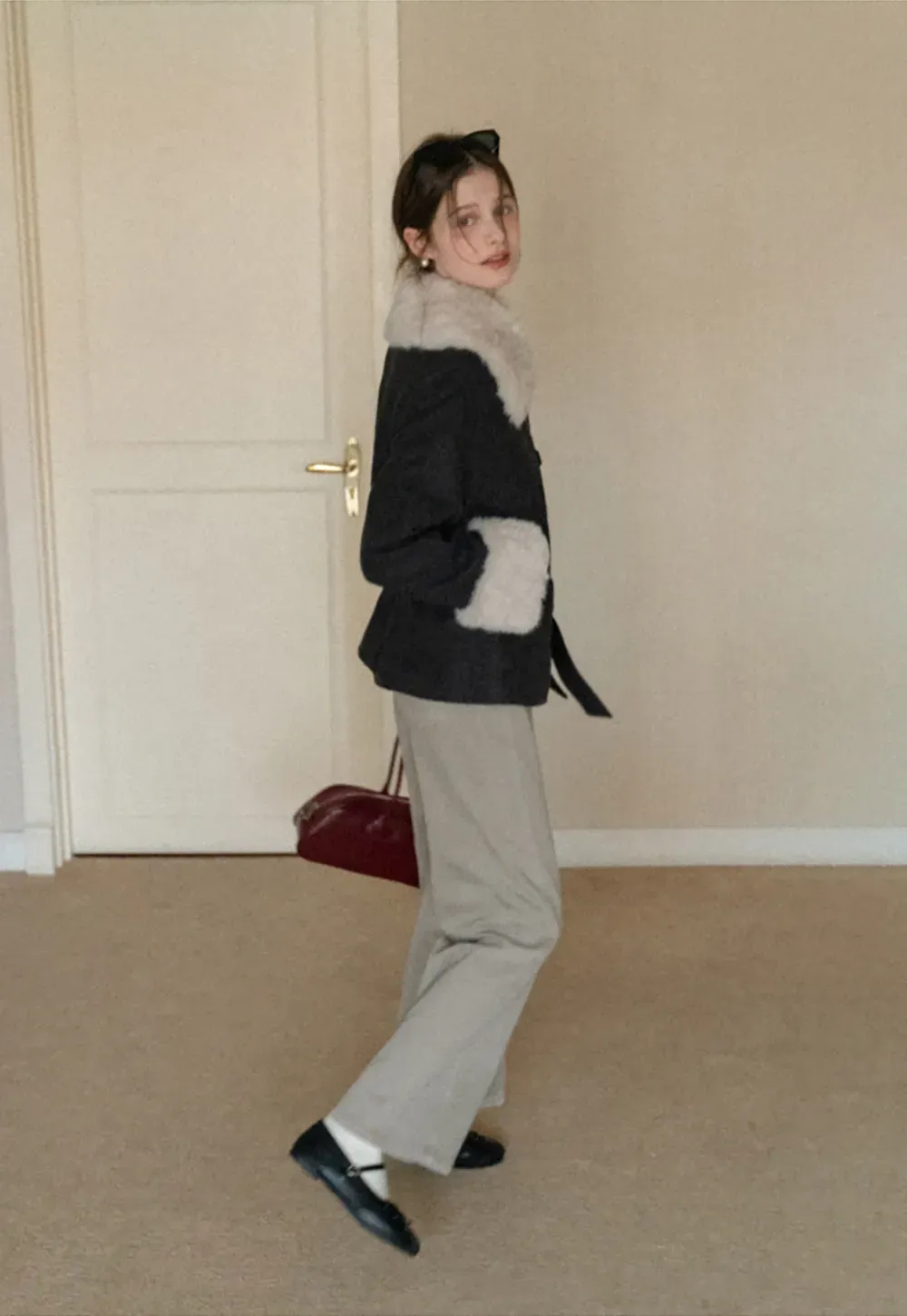 Wool Coat with Fur Collar and Cuff Belted Design