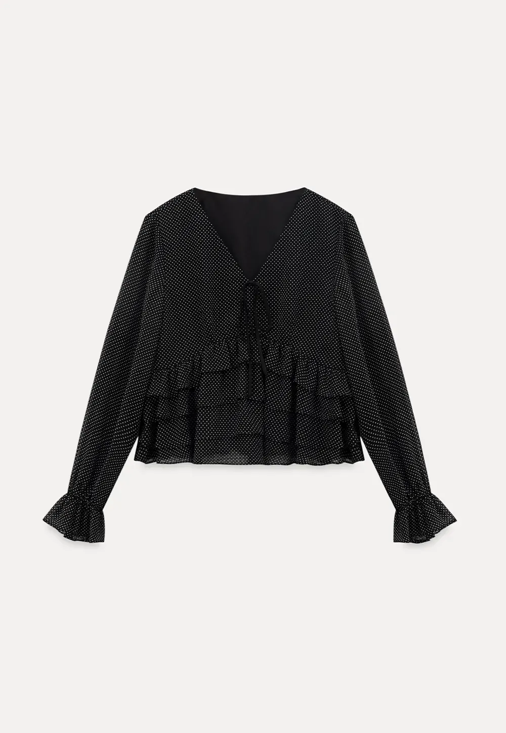 Polka Dot Sheer Blouse with Ruffled Hem and Tie Neck