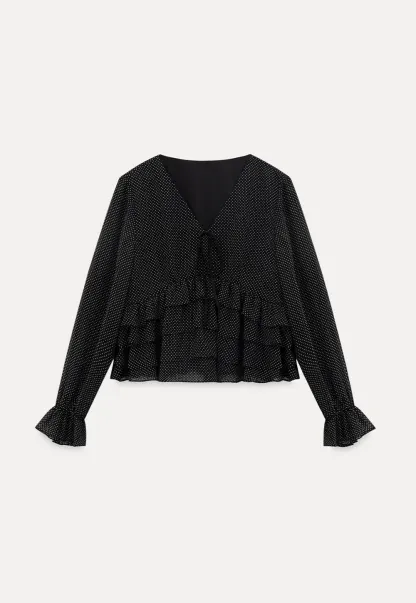 Polka Dot Sheer Blouse with Ruffled Hem and Tie Neck