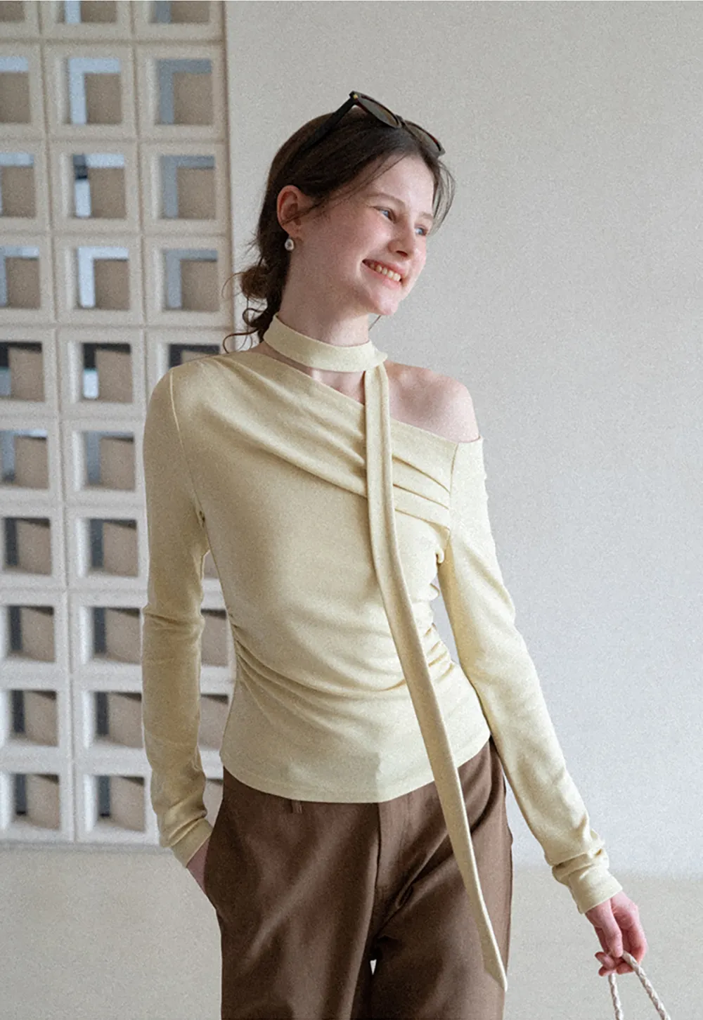 Long sleeve off shoulder top with neck tie detail