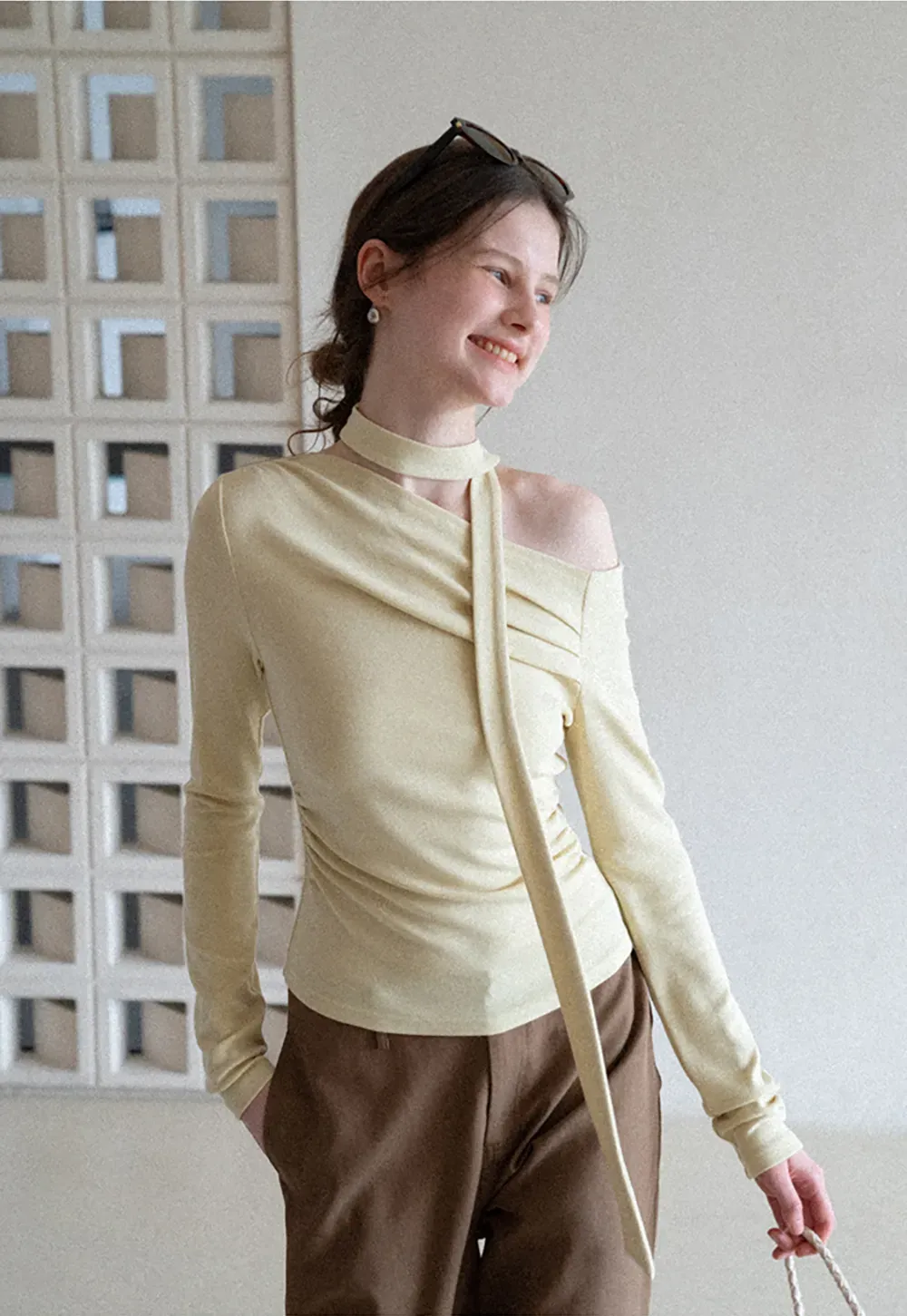 Long sleeve off shoulder top with neck tie detail