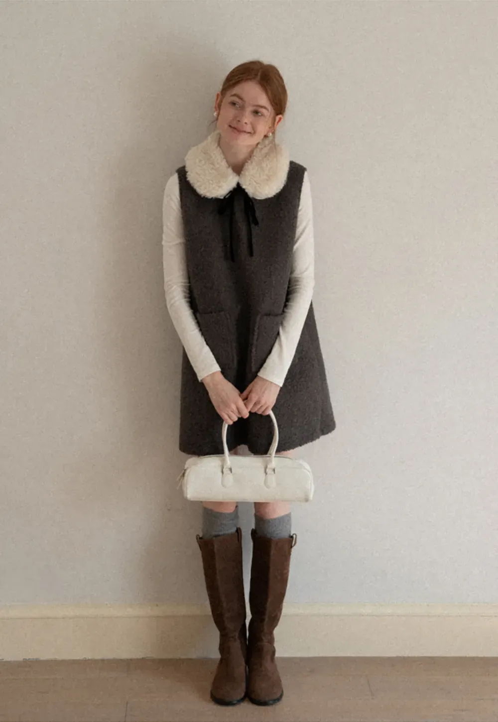 Wool Blend Sleeveless Dress with Faux Fur Collar