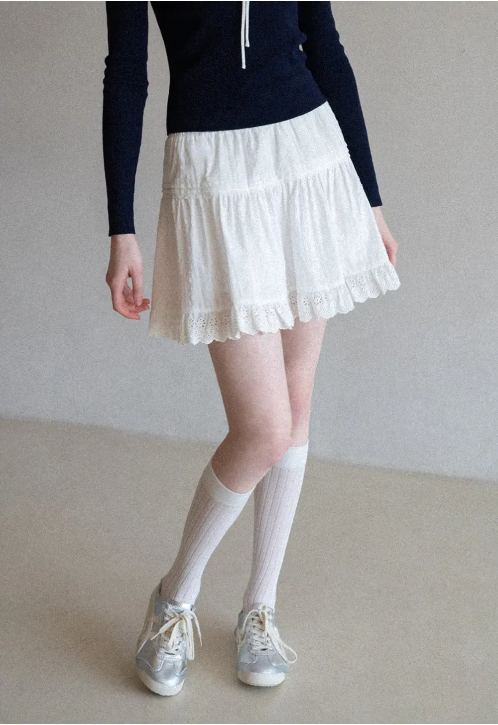 Eyelet Trimmed Tiered Skirt with Ruffled Hem