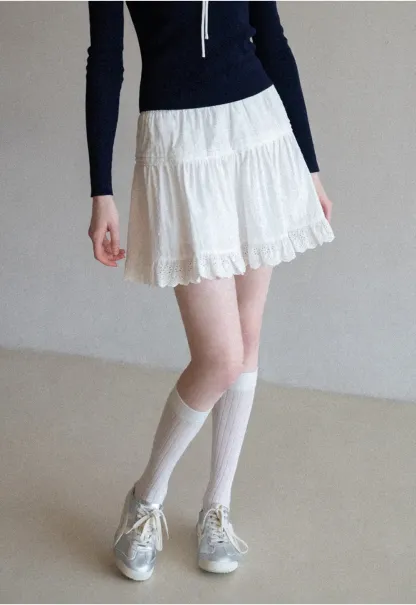 Eyelet Trimmed Tiered Skirt with Ruffled Hem
