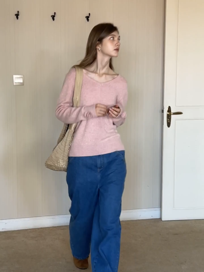 Women V-Neck Knit Sweater with Bow Cuff Detail