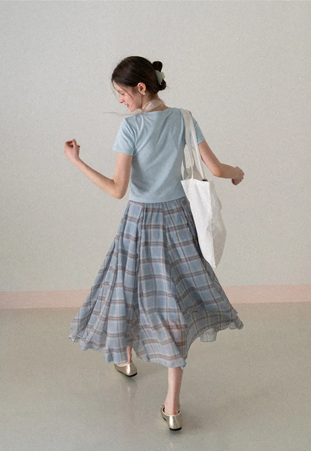 Pleated Plaid Midi Skirt with Asymmetrical Hem