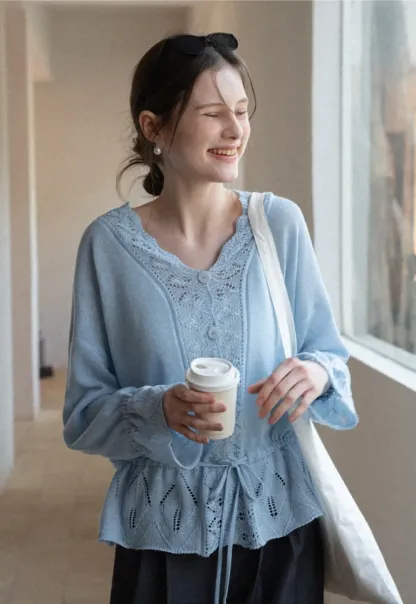 Lace Trimmed V Neck Knit Sweater with Drawstring Hem