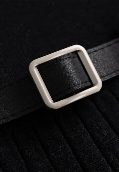 Women Black Sweater Dress with White Collar and Belt