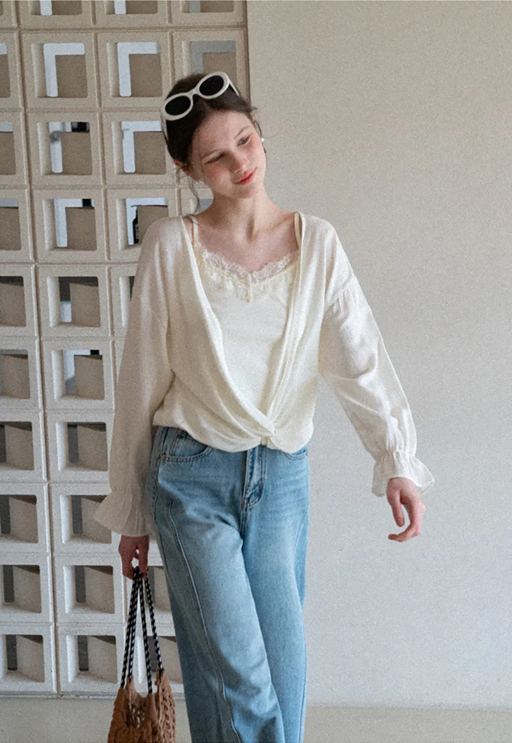 Lace Trimmed V Neck Long Sleeve Wrap Shirt