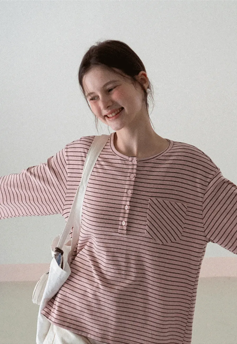 Long sleeve striped henley shirt with chest pocket