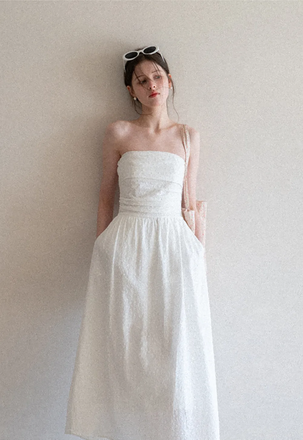 Strapless A-line Midi Dress with Ruched Bodice