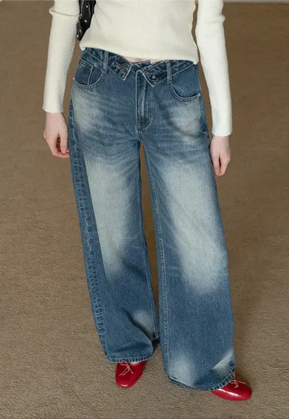 Wide leg high waist denim jeans with faded wash design