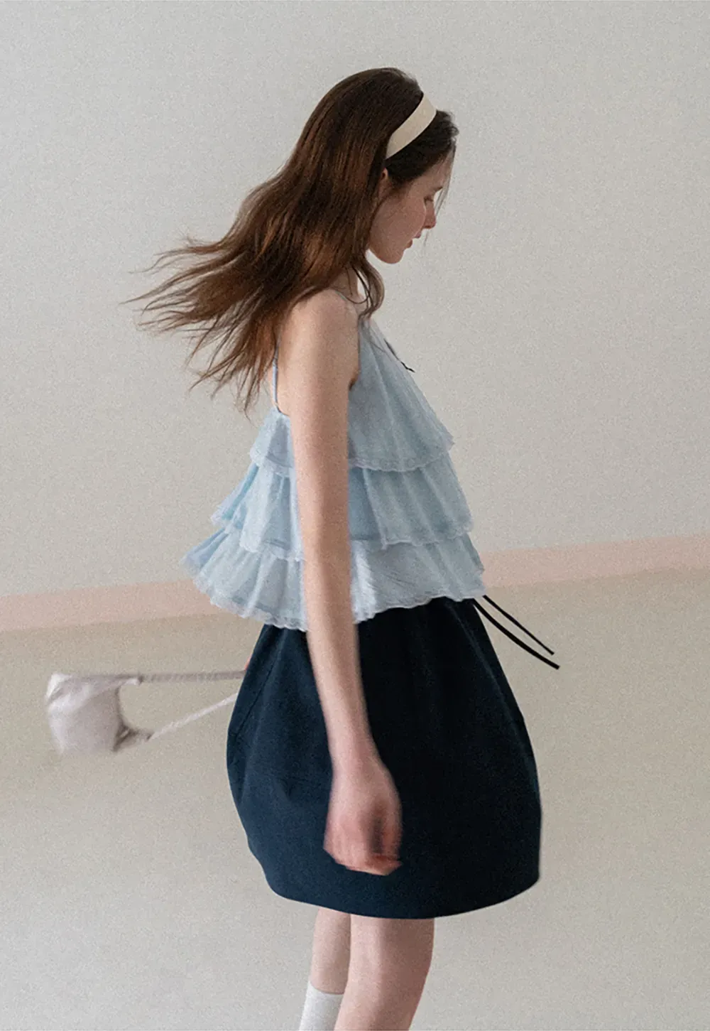 A-line skirt with drawstring waist and layered hem