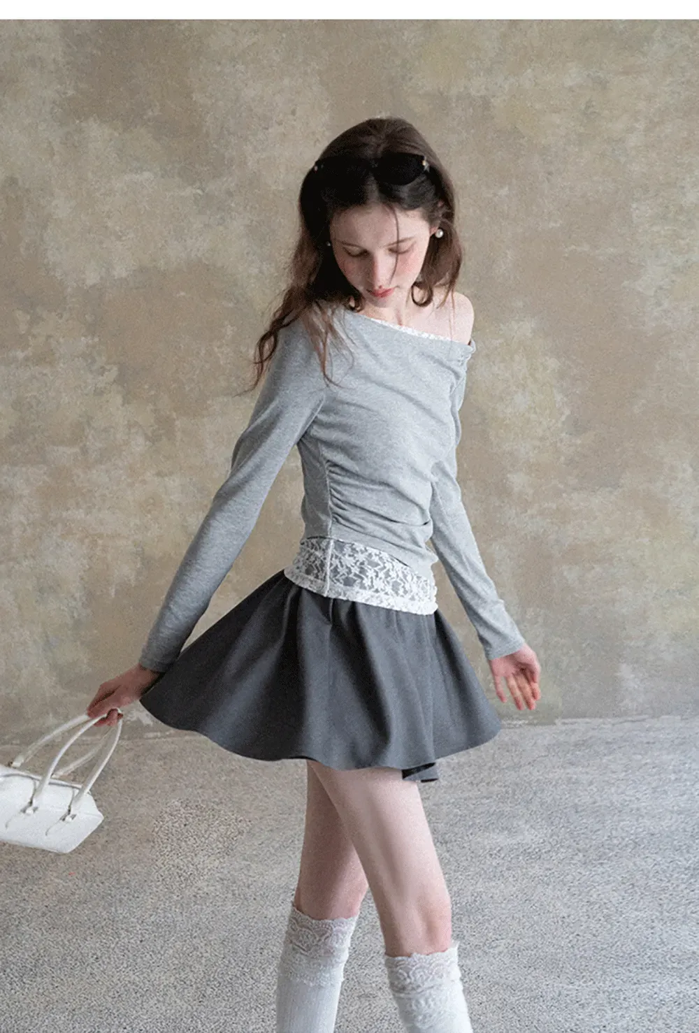 Off shoulder long sleeve top with lace trim