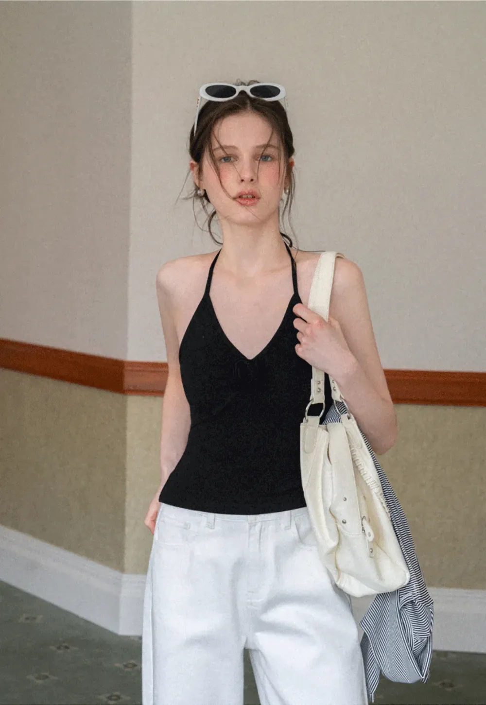 Striped cardigan with buttons and V neck tank top