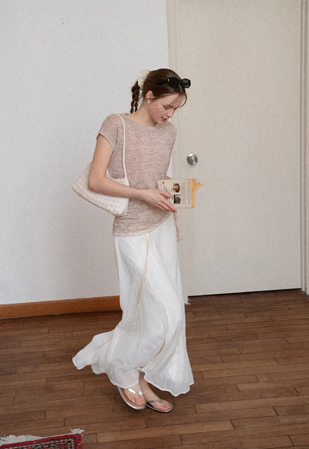 Short Sleeve Knit Sweater with Neck Tie Detail