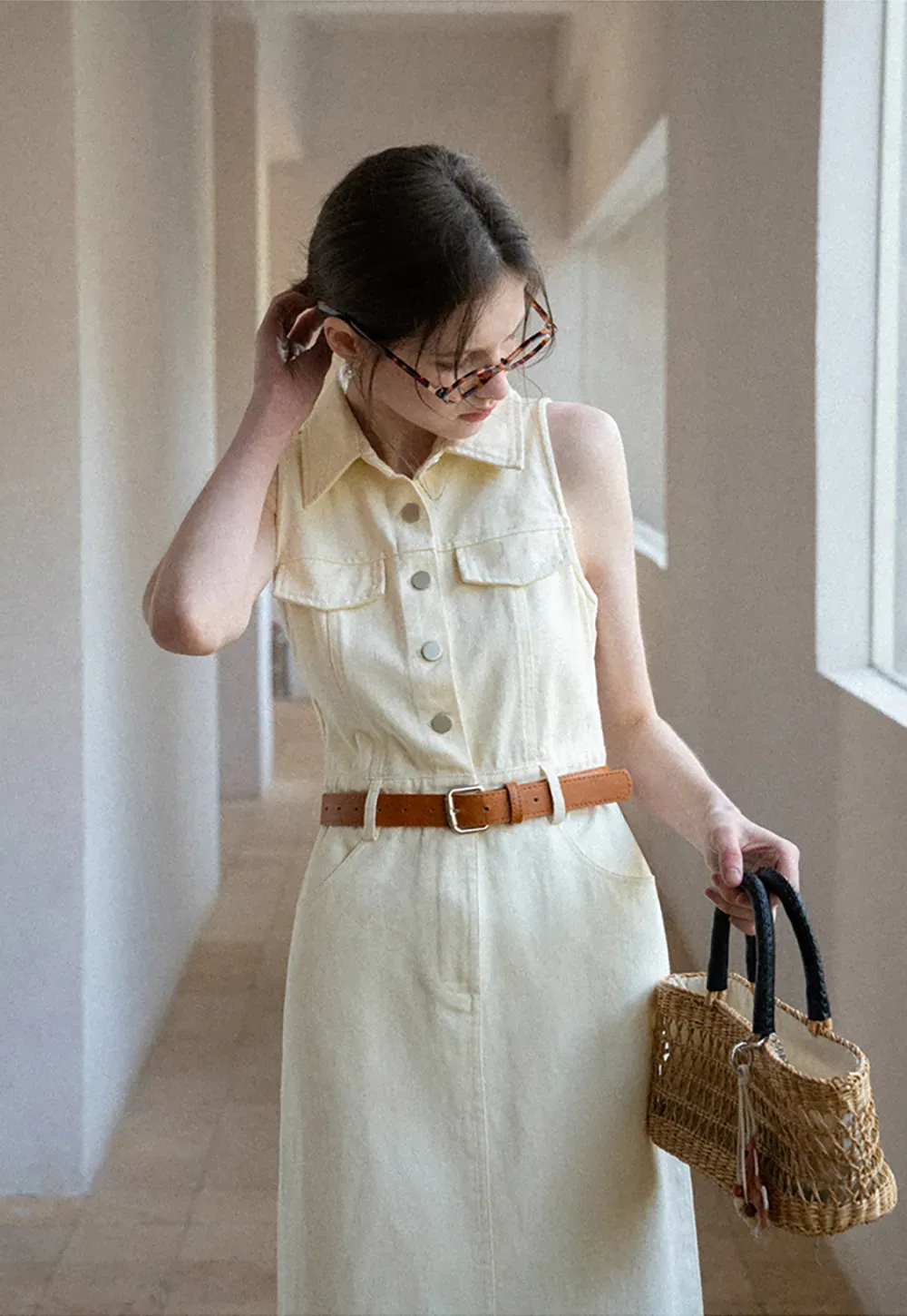 Sleeveless Collared Button Front Midi Dress