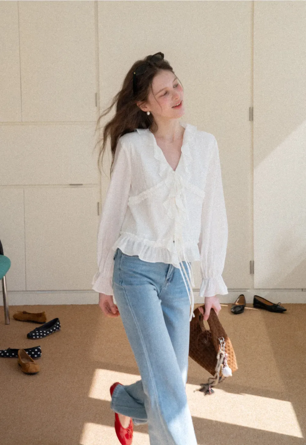 Elegant Blouse with Ruffle Detail and Tie Front Design