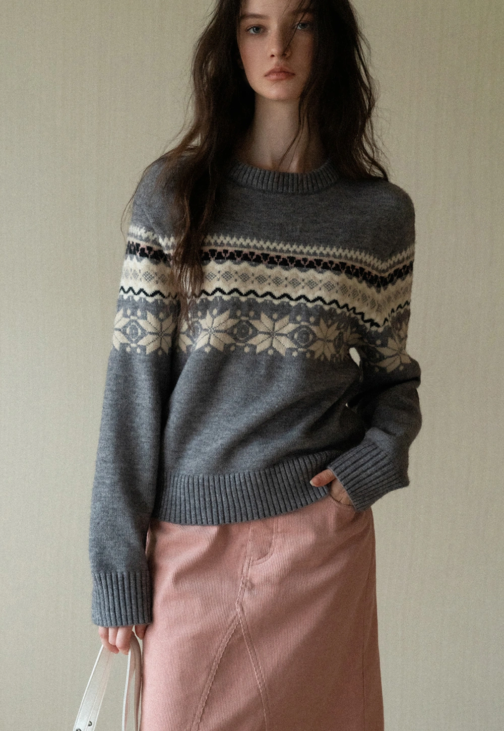 Gray Knit Sweater with Fair Isle Pattern