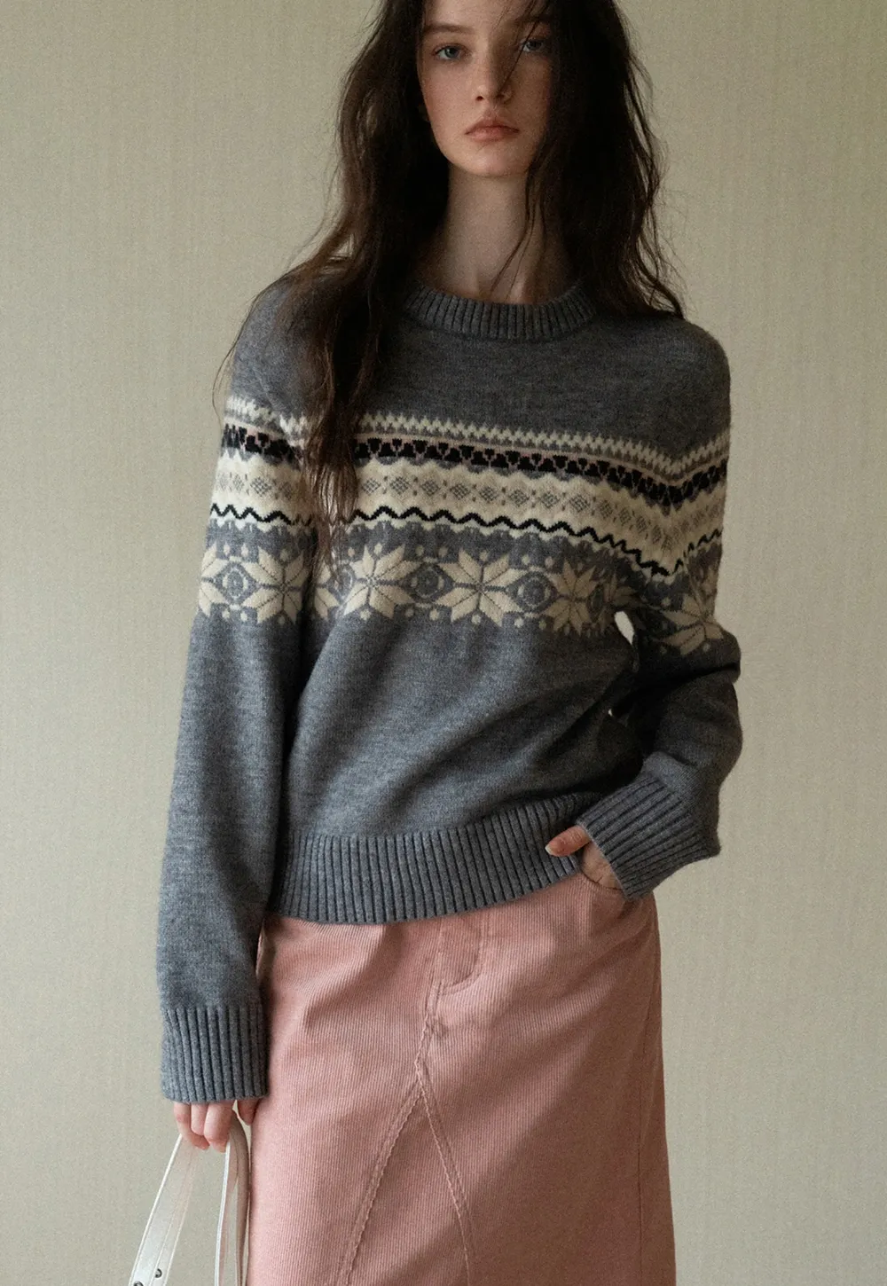 Gray Knit Sweater with Fair Isle Pattern