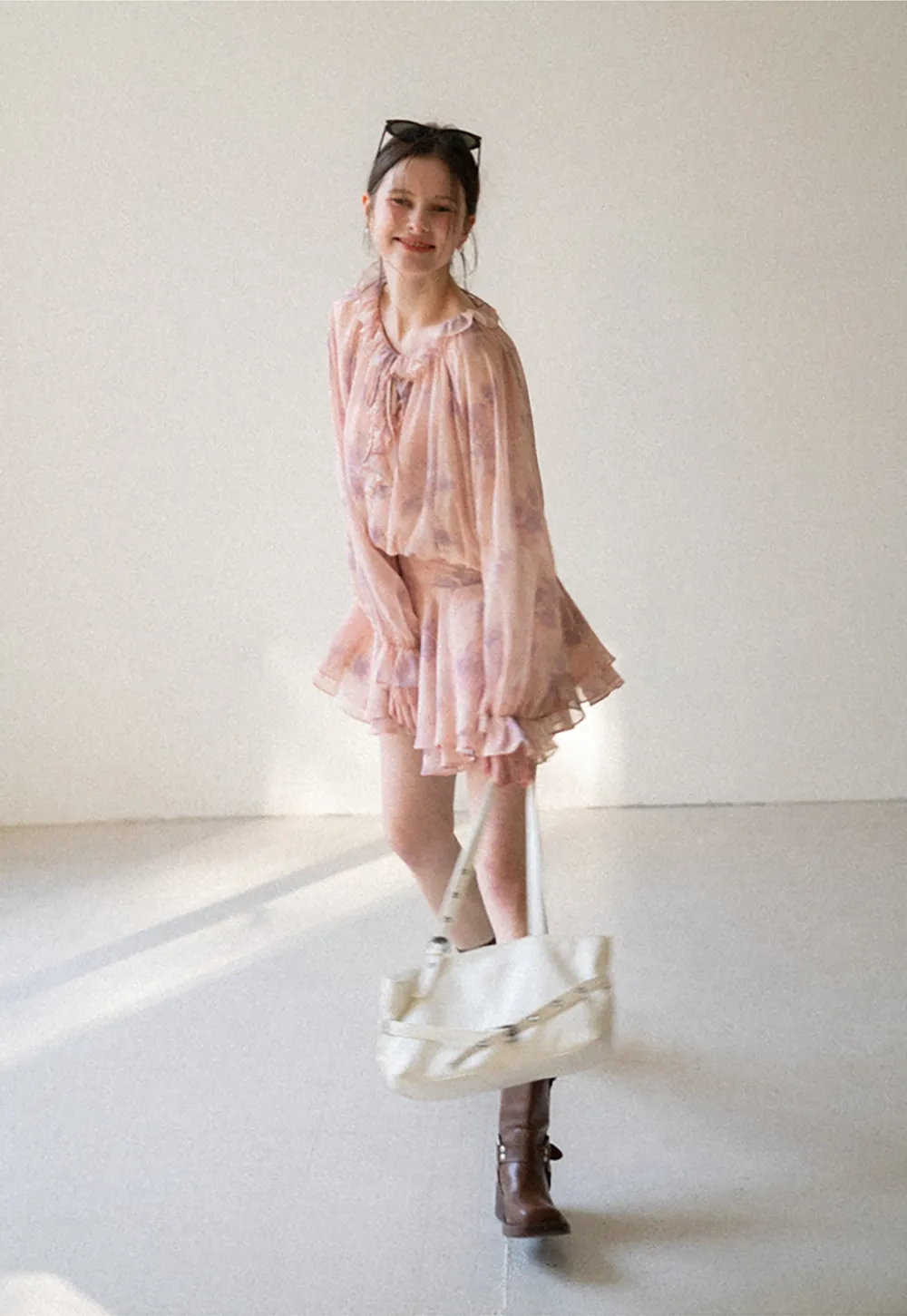 Floral Print Ruffled Neck Long Sleeve Dress