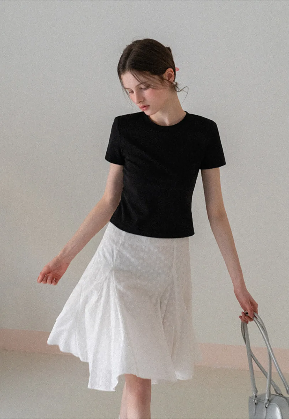 Short Sleeve Crew Neck T Shirt with Sheer Scarf Detail