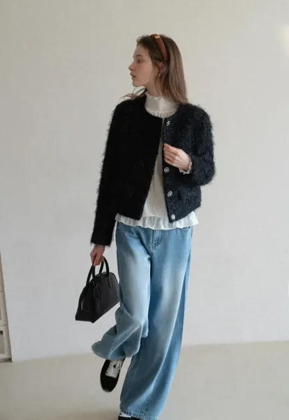 Fuzzy Knit Short Jacket with Button Detail