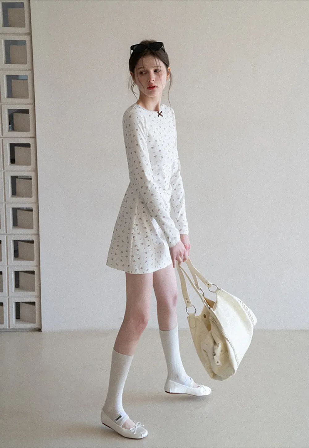 Long Sleeve Floral Print Dress with Cross Neck Detail