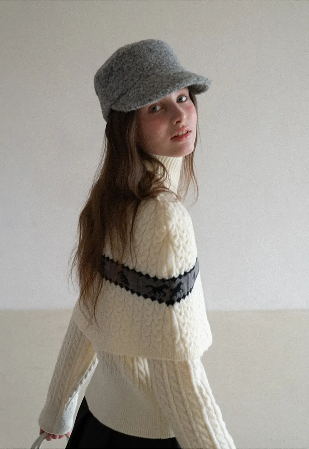 Turtleneck Cable Knit Sweater with Horse Pattern Stripe