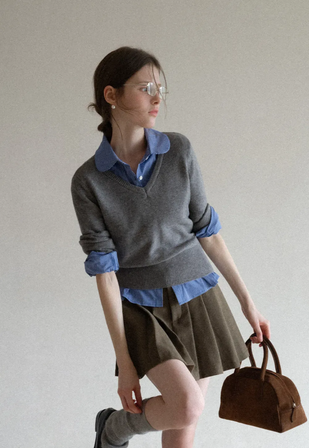 V Neck Knit Sweater with Layered Collar Design