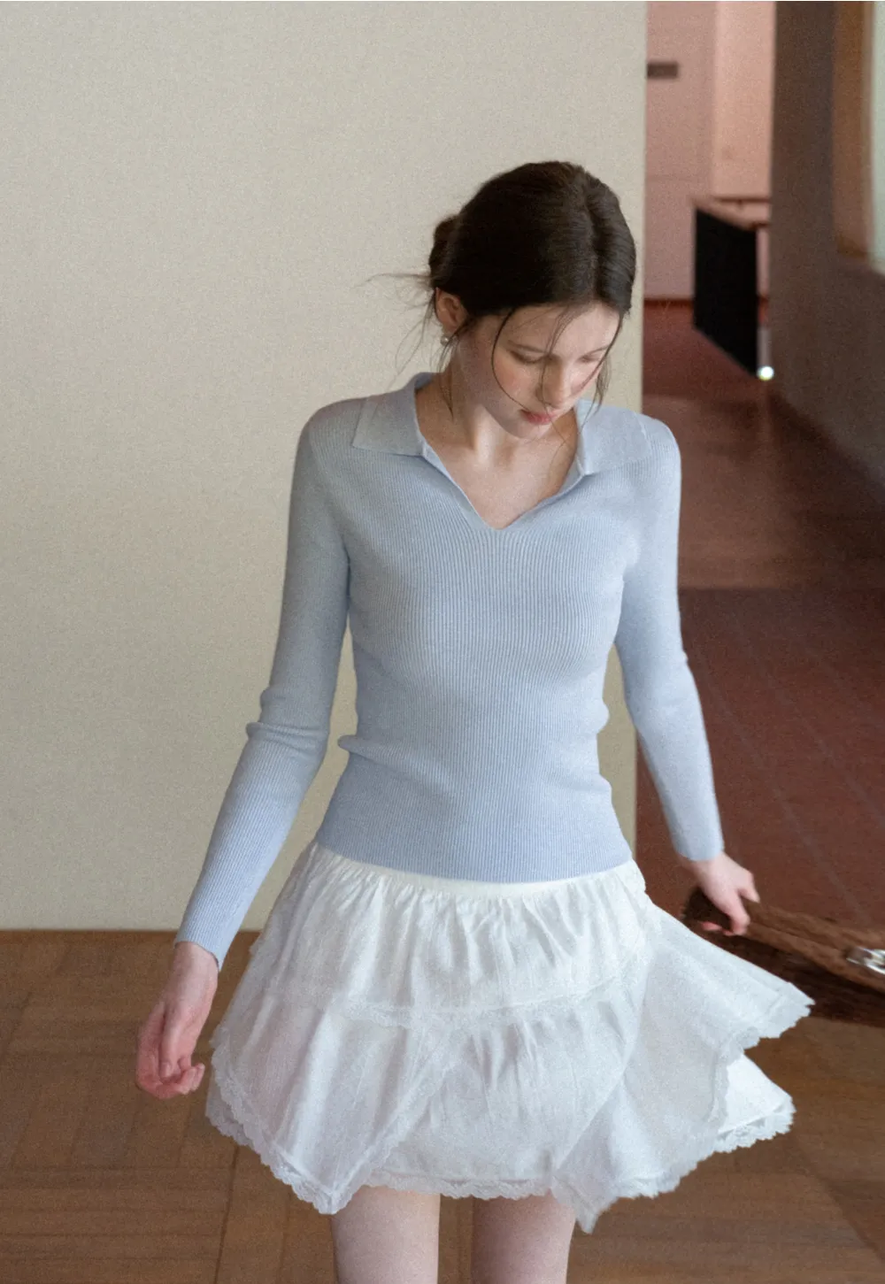 Ribbed Knit Long Sleeve Polo Neck Sweater