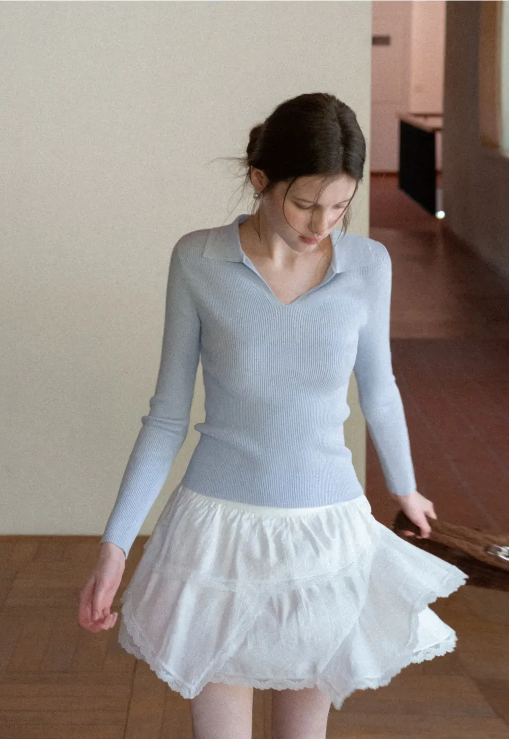 Ribbed Knit Long Sleeve Polo Neck Sweater