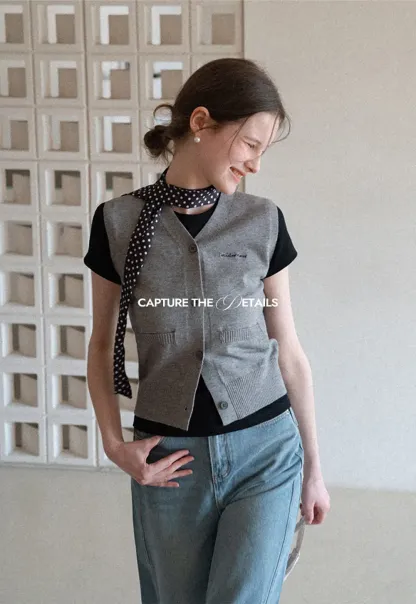 Knitted Vest with Button Closure and Embroidery