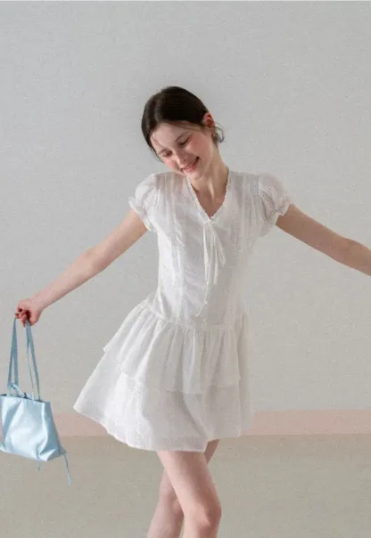 Eyelet Lace Dress with Puffed Sleeves and Tiered Skirt