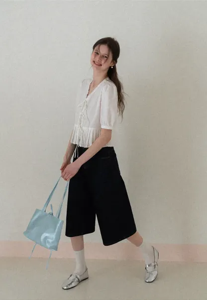 V neck short sleeve blouse with pleated hem and tie front