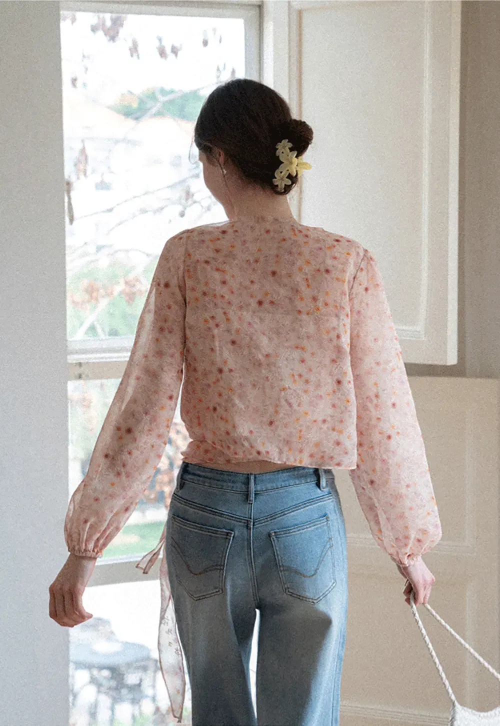 Lace Chiffon Wrap Blouse with Long Sleeves