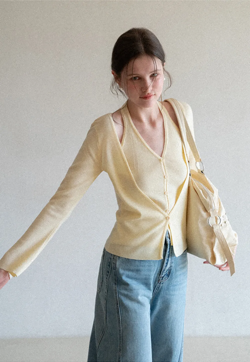 V neck long sleeve knit cardigan with open shoulders