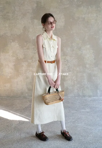 Sleeveless Collared Button Front Midi Dress