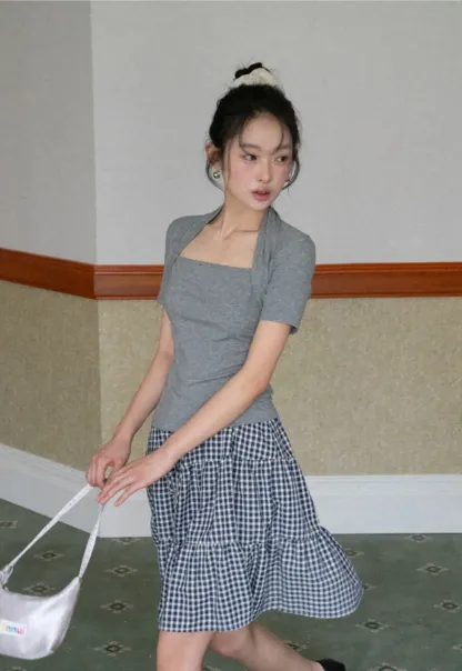 Gingham Pattern Tiered Skirt