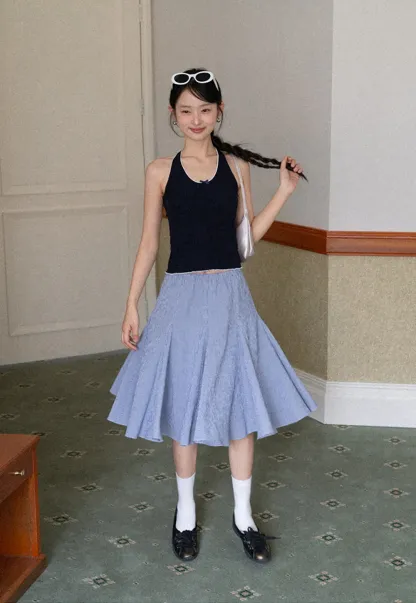 Gingham Pleated Flared Skirt