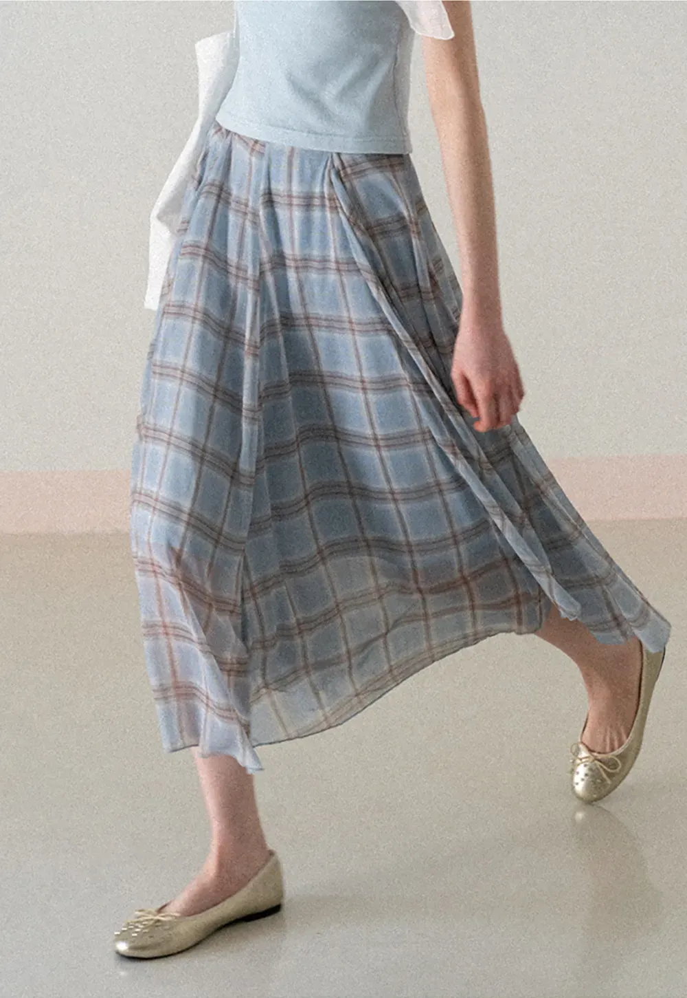 Pleated Plaid Midi Skirt with Asymmetrical Hem
