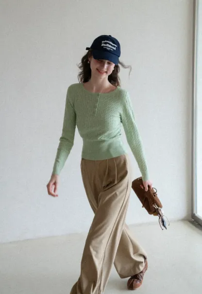 Cable Knit Long Sleeve Sweater with Button Detail