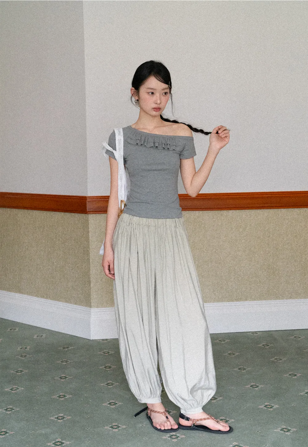 Off shoulder short sleeve top with ruffle detail