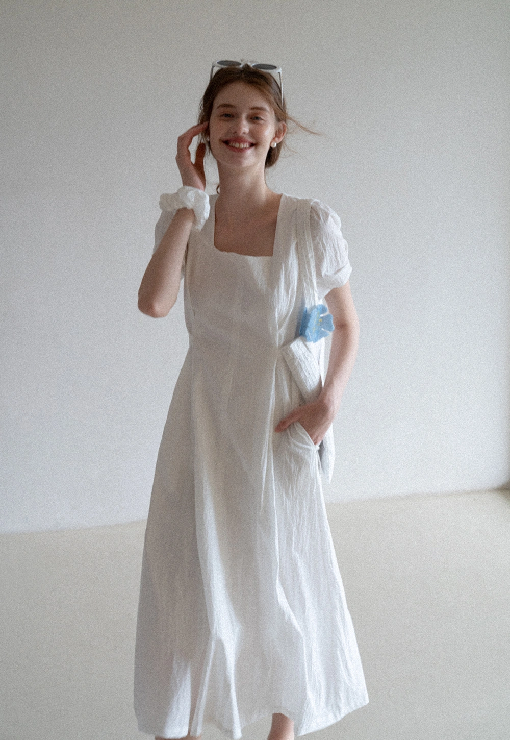 Women's Puff Sleeve Square Neck Midi Dress