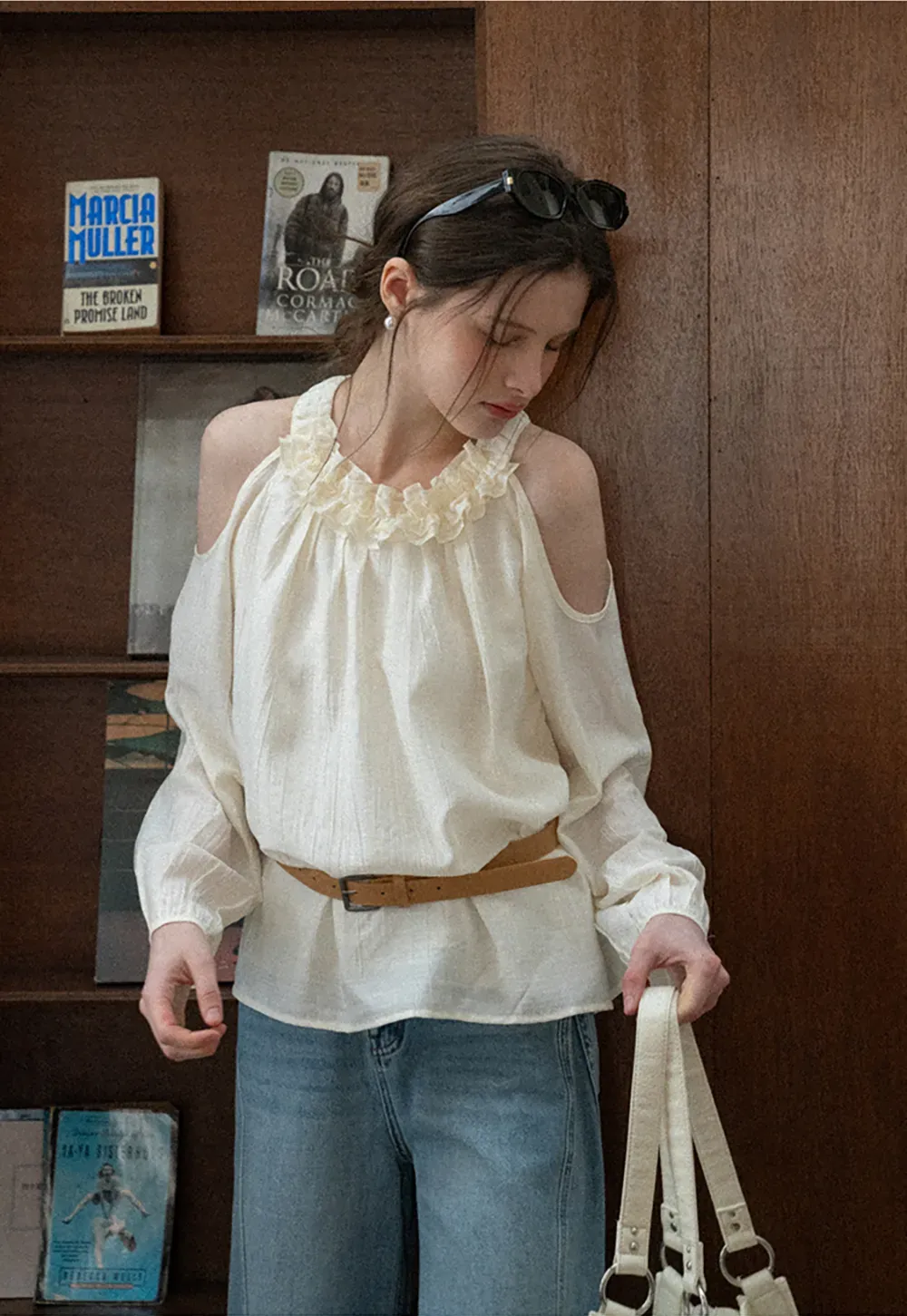 Lace Chiffon Blouse with Ruffled Neck and Cold Shoulder