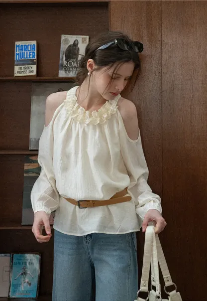 Lace Chiffon Blouse with Ruffled Neck and Cold Shoulder
