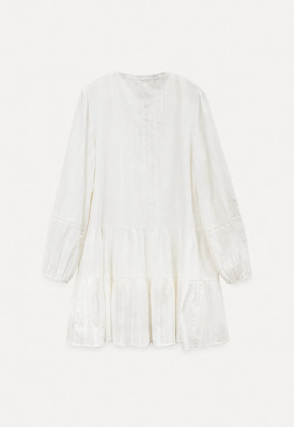 V neck long sleeve tiered dress with lace trim